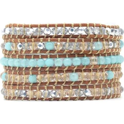 Mixed Crystal Boho Bracelet Classic Version Leather Wrap Natural Amazonite Stone Bracelet Dropship