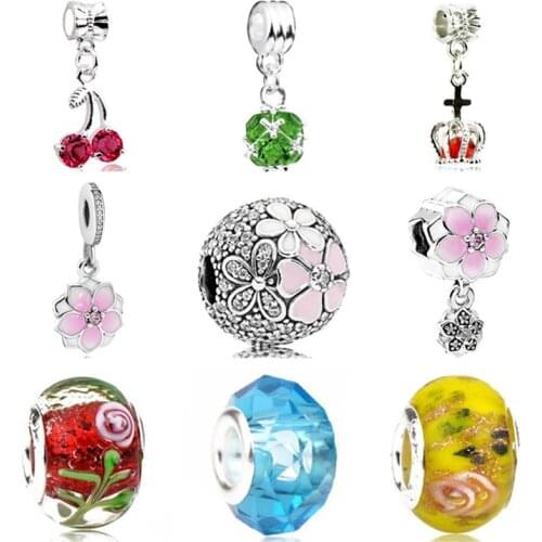 Btuamb Luxurious Crystal Cherry Crown Tree Love Heart Safety Chain Beads Fit European Pandora Bracelets for Women Making Jewelry