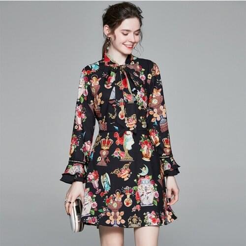 Women Ruffle Bow Tie Mini Dress Ladies Flare Sleeve Flower Vase Print Runway Angel Dress Vintage Long Sleeve Casual Party Dress