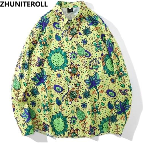 Hip Hop Hawaiian Beach Mens Shirts Graphics Flowers Print Harajuku Button Down Longsleeve Shirt For Men Streetwear Fashion Tops