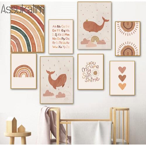 Whale Canvas Painting Rainbow Sunshine Wall Art Print Heart Posters And Prints Alphabet Wall Poster Boho Kids Room Decoration
