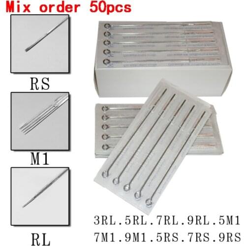 New 50pcs Assorted Sterilized Mixed Tattoo Needles 10 Sizes 3RL 5RL 7RL 9RL 3RS 5RS 7RS 9RS 7M1 9M1 Free Shipping