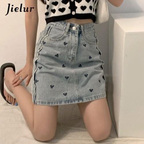 Jielur New Love Embroidery Denim Women Skirt Loose College Style Jeans Skirt for Girls Casual Denim Skirts Oversize M-4XL Zipper