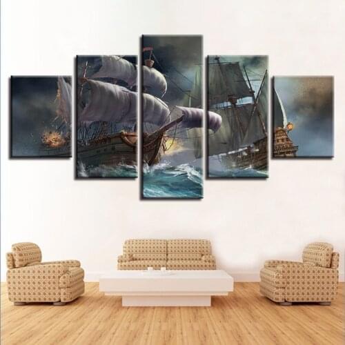 Picture Modern Printed Wall Art 5 Pieces Ship On The Sea Scenery Canvas Painting Framework Modular Decor Living Room Or Bedroom