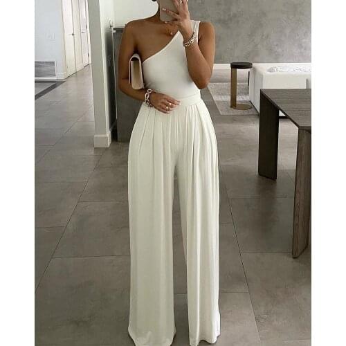 Summer Women 2021 Fashion Sleeveless Jumpsuit Ruched Plain Wide Leg Pants Casual Solid One Shoulder Track Suit Outfits