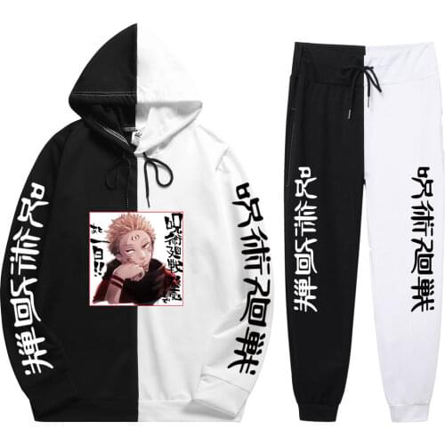 Hot Summer Man New 2 Pieces Sets Anime Jujutsu Kaisen Print Avant-Garde Fashion Patchwork Thin Hoodie+Patchwork Pants