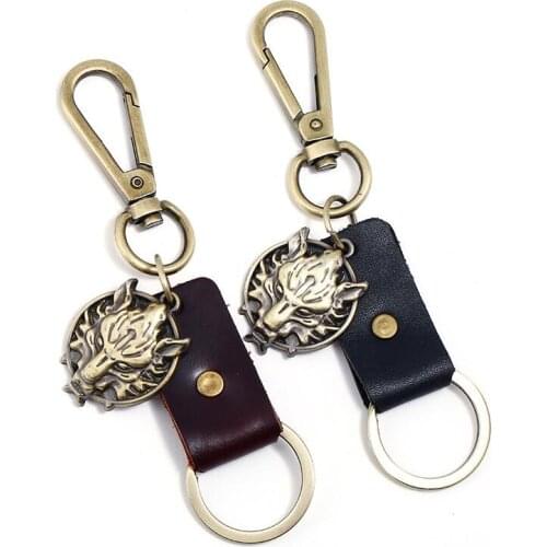 Fashion Punk Men Wolf Head Genuine Leather Key Chain Metal Charm Car Keychain Keyring Bag Holder Gothic Vintage Accessories Gift
