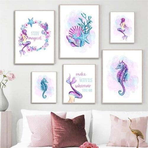 Starfish Hippocampus Mermaid Poster Cartoon Nordic Poster and Print White Purple Canvas Painting Picture Wall Art Home Decor