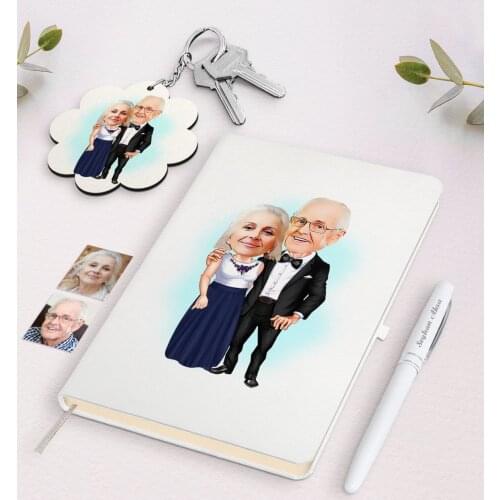 Personalized Grandma and Grandpa Caricature Of White Notebook pen And Keychain Gift Set Reliable Quality Everyday Moment picture