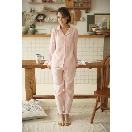 Shanghai Story Doube Sided Crepe Cotton Pajamas Set for Couple Men Women Long-Sleeve Button Down Sleepwear