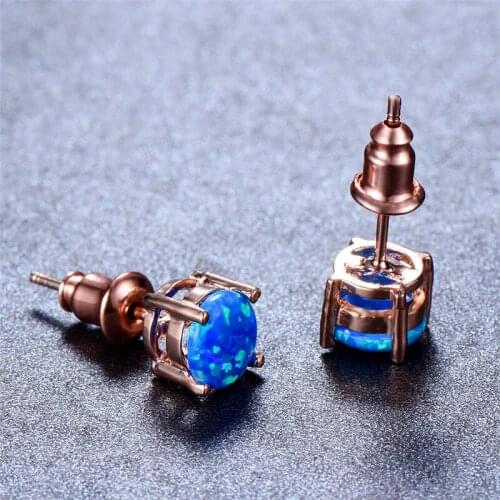 Rose Gold Color Small Round Stud Earrings Cute Female Blue Green Opal Stone Earrings For Women Vintage Fashion Wedding Earrings