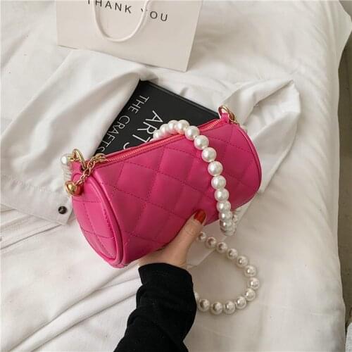 Pearl Chain Diamond Lattice PU Barrel-shaped Shoulder Bag 2021 Hot Pink Bags Purses and Handbags Armpit Bag Pearl Crossbody Bag