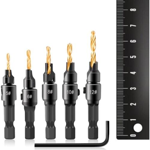 6pcs Woodworking Countersink Drill Bit High Carbon Steel Titanium Plated Chamfering Hex Shank Drill Bit with L-shape Wrench