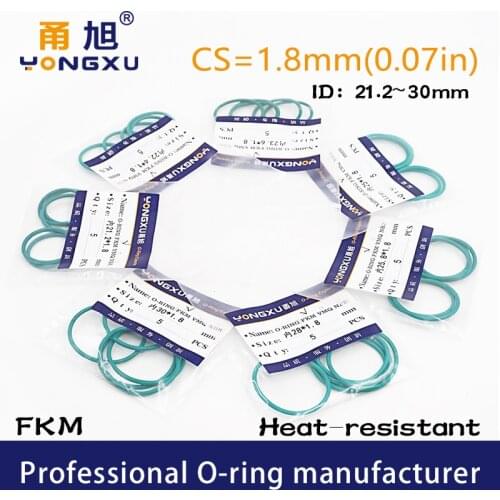 5PCS/lot Green Fluorine Rubber FKM O-rings Seals CS1.8mm ID21.2/22.4/23.6/25/25.8/26.5/28/30*1.8mm ORing Seal Gasket Ring Washer