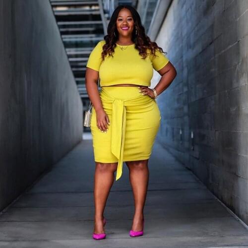 XL-5XL Plus Size Bandage Two Piece Dress Set Womens Costumes Short Sleeve O-neck Crop Top and Tied Front Midi Skirt Sweatsuit