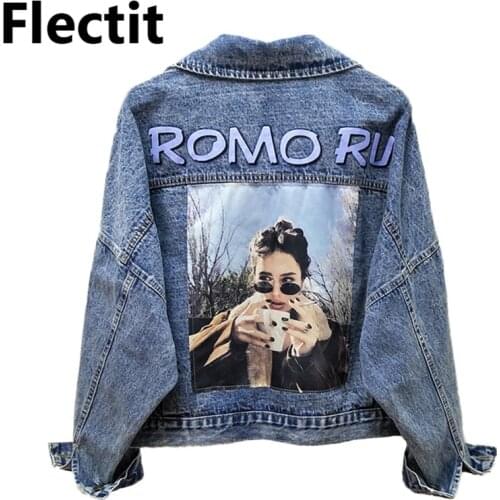 Flectit Back Girl Image Print Denim Trucker Jacket Vintage Wash Jeans Jacket Womens Outerwear & Coats Jackets