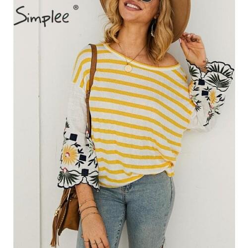 Simplee Embroidery striped casual blouse top Vintage white shirts autumn spring work wear blusas Long sleeve fashion tops women