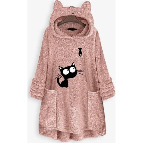 Kawaii Winter Pullover Sweatshirts Womens Fleece Embroidery Lovely Cat Printed Hoodies Keep Warm Pocket Hooded Blouse Jackets