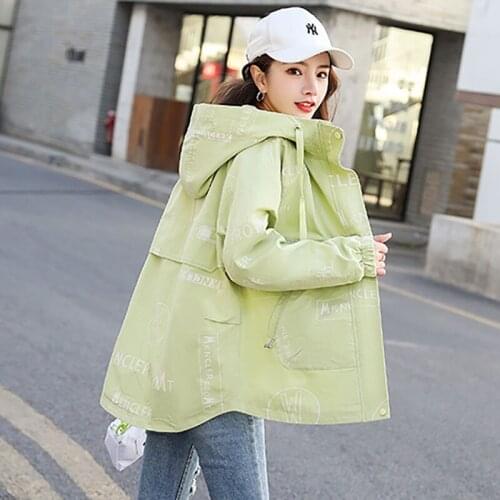 2021 Spring Autumn Printed Letters Women Trench Coat Korean Loose Student Outwear Hooded Female Zipper Windbreaker With lining