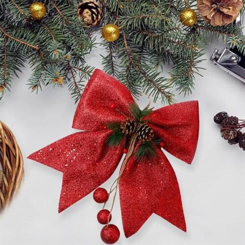 4pcs Large Red Gold Sparkling Glitter Christmas Ribbon Bow With Pine Cones Christmas Tree Decoration Handmade Christmas Ornament