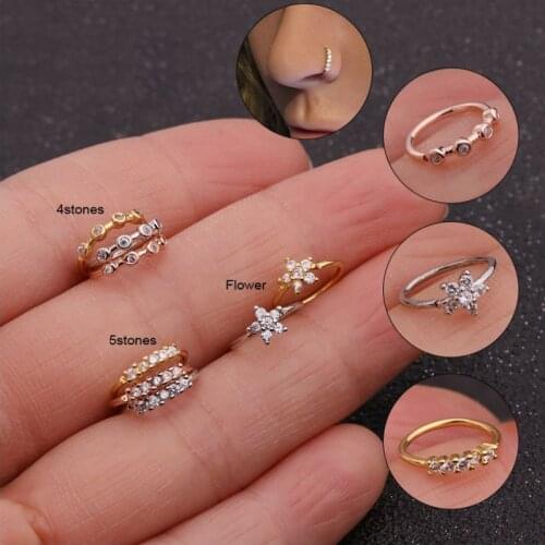 1pc Flower Crystal Zircon Cz Nostril Nose Hoop Helix Cartilage Huggie Earring Daith Snug Rook Tragus Ring Ear Piercing Jewelry