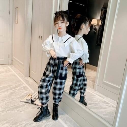 Girls Suit Bloue +Pants 2Pcs/Sets 2021 Plaid Spring Autumn Teenagers Outwear Kids Cotton Tracksuit Sport Suits Children Clothing