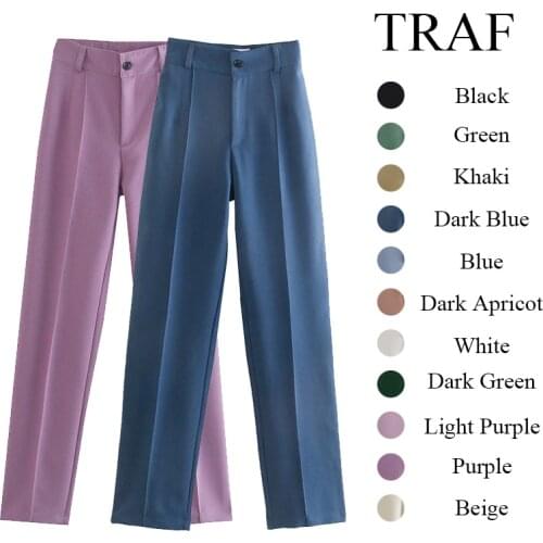 TRAF ZA 2021 Pants Chic Fashion Elegant Office Wear Straight Multicolor Basic Pant Vintage High Waist Zipper Fly Female Trousers