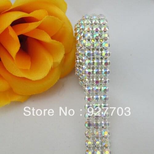 CM390)1 Yards 3 Rows AB Crystal Bling Rhinestone Mesh