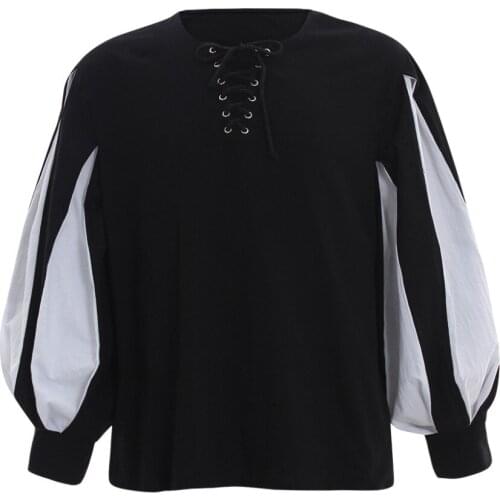 Cosplaydiy Custom Made Medieval Lace Up Wide Cuff Black and White Sleeve Color Contrast Costume Shirts L320