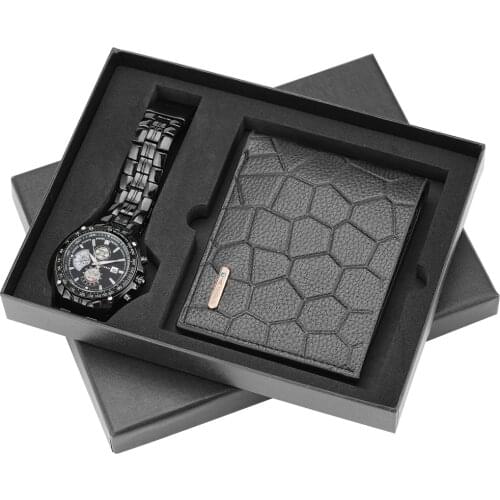 Mens Watch Wallet Gift Set Stainless Steel Quartz Watches Leather Wallet for Friends Boyfriend Husband