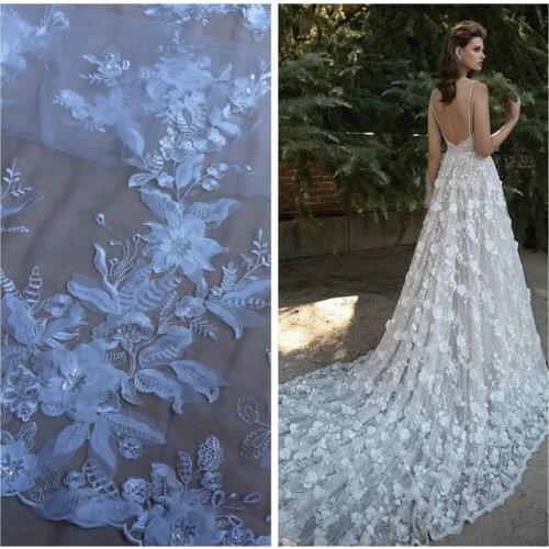 La Belleza 1 yard Off White/Black 3D flowers sequins on netting/mesh embroidered wedding/ evinging/show dress lace fabric