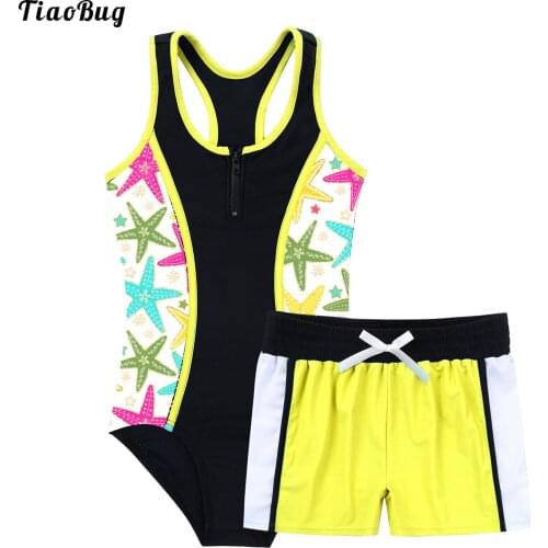 TiaoBug Summer 2Pcs Kids Girls Swimsuit One-Piece Sleeveless Racer Back Jumpsuit And Boyshorts Set Beach Swimwear Bikini