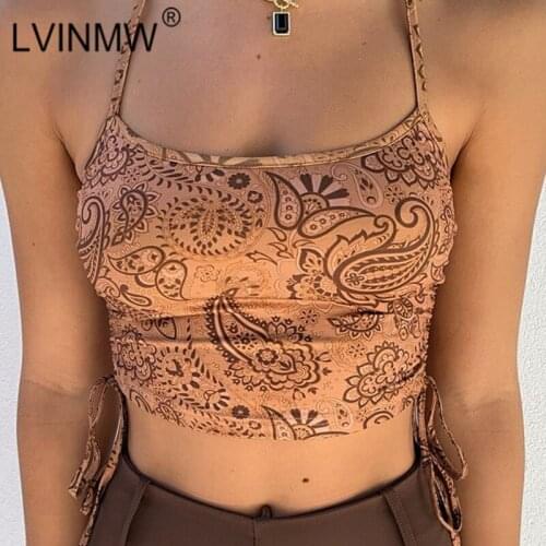 LVINMW Backless Halter Lace Up Sexy Fashion Tank Tops Vintage Slim Casual Flower Print Outfits Navel Sleeveless Summer Crop Top