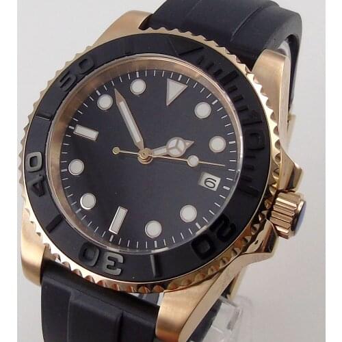 Nologo Rose Gold Coated Automatic Men Watch 24 Jewels NH35A Curved End Rubber Strap Black Brushed Insert Luminous Dial