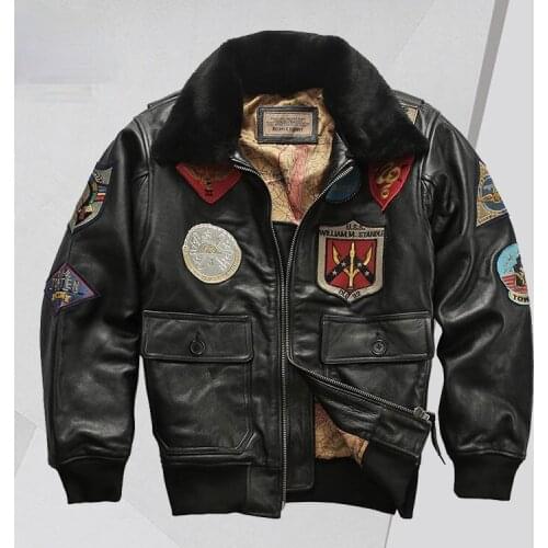 Detachable Wool Collar Flight Suit Genuine Leather Jacket Mens Lapel Multi-Standard Cowhide Leather Jacket Men Jacket