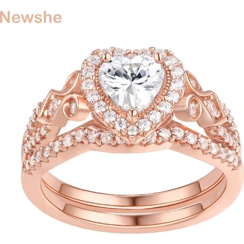 Newshe Rose Gold Color 925 Sterling Silver Wedding Ring Set For Women Heart Shape AAA Zircon Romantic Jewelry Bridal Set BR0976