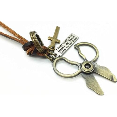 Brown Casual Genuine Leather Men Bronze Silver Alloy Hoop Cute Scissors Cross Pendant Necklace For Women Male Wholesale Jewelry