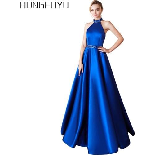 Vestidos De Fiesta Satin Sleeveless High Neck A Line Long Prom Dresses 2019 Open Back Sequined Floor Length Prom Dress HFY71103