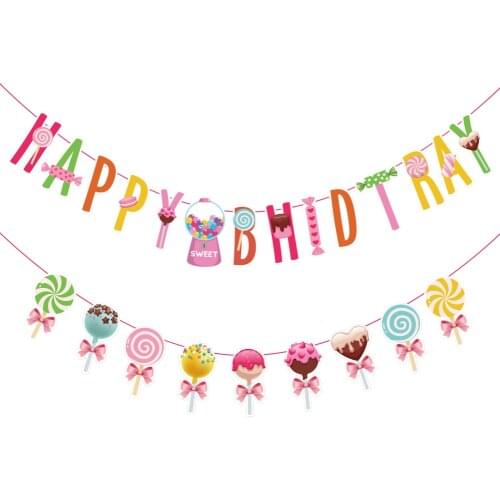 Candy Party Decoration With Happy Birthday Banner Candy Cake Toppers For Girls Kids Candyland Lollipop Party Birthday Supplies