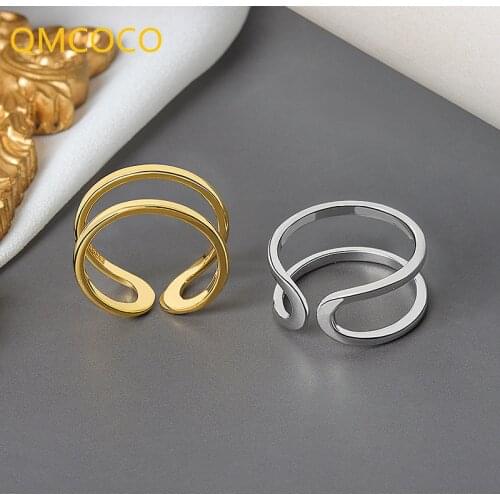 QMCOCO 2021 New Style Opening Adjustable Ring For Women INS Style Irregular Double Lines 925 Silver Jewelry Garniture