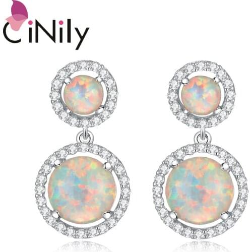 CiNily Luxury Big Fire Opal Filled Earrings Silver Plated Long Stud Earring With White Round Stone Wedding Engagement Jewelry