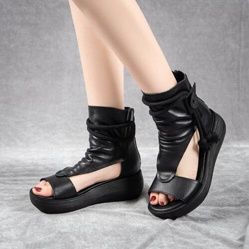 High-top sandals 2021 summer new style thick bottom side empty rear zipper sandals Roman style andálias planas femininas de verã