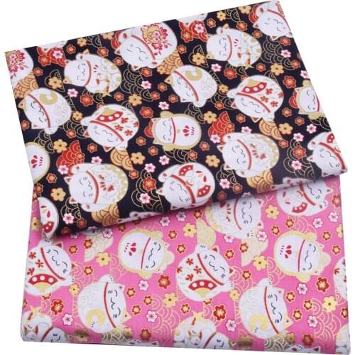 Navy Blue Red Fortune Cat Cotton Bronzing Fabric, Precut Sewing Fabric Patchworks Quilting DIY Japanese Fabric