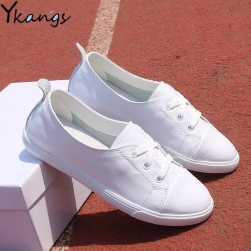 Real Leather White Shoes Women Comfortable Sneakers 2020 Summer Autumn Casual slip-ons loafers Shoes Female White Flats Trainers