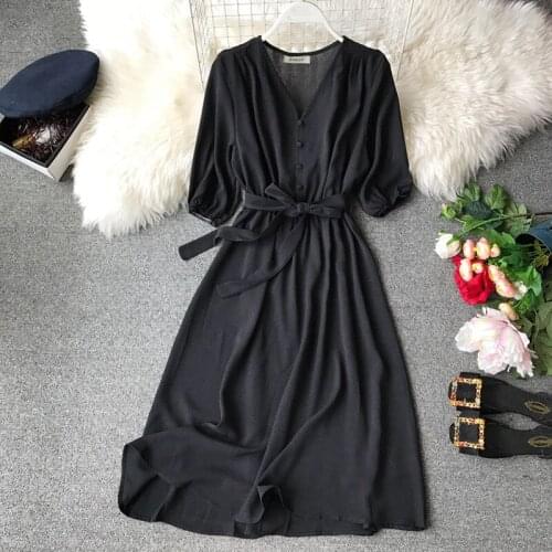 Vintage V-neck Signle-breasted Ladies Office Dress 2019 Summer Women Korean Casual Midi Chiffon Dress Vestidos