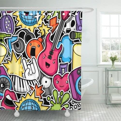 Bomb Music Party Kawaii Musical Instruments Symbols Cartoon Rock Shower Curtain Waterproof 60 x 72 Inches Set with Hooks