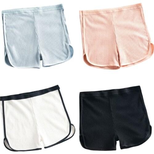 Japanese Women Skinny Safety Shorts Thread Ribbed Knit Sleep Lounge Sports Pants Mid Rise Side Slit Solid Color Underpants