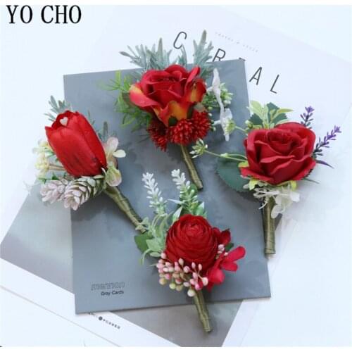 YO CHO Red Rose Artificial Bridesmaids Wrist Bracelet Groomsme Boutonniere For Wedding Party Prom Decor Bridal Wrist Corsage Pin