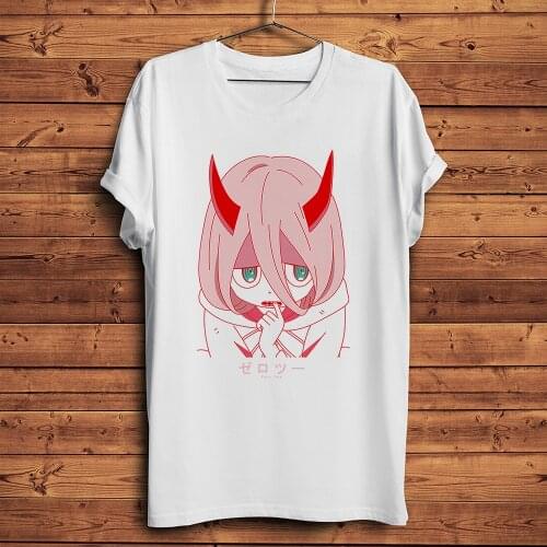 Kawaii zero two 002 funny anime tshirt Men White Casual short sleeve T Shirt Unisex manga DARLING in the FRANXX streetwear Tee