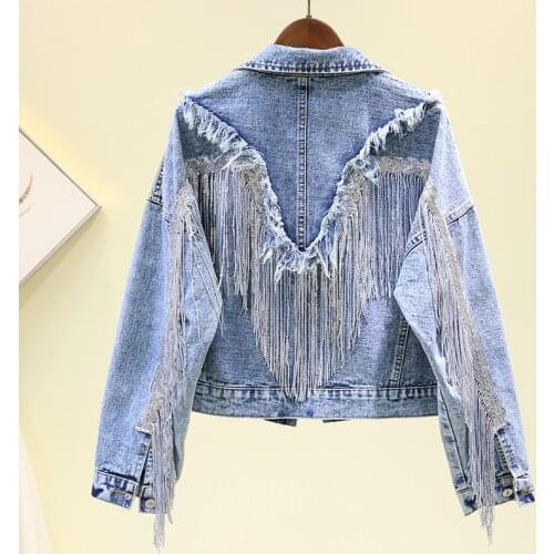 2020 Autumn New Denim Jacket Streetwear Womens Coat Heavy Tassel Sequins Jean Jacket Casual Loose Black Coats Female Outwear